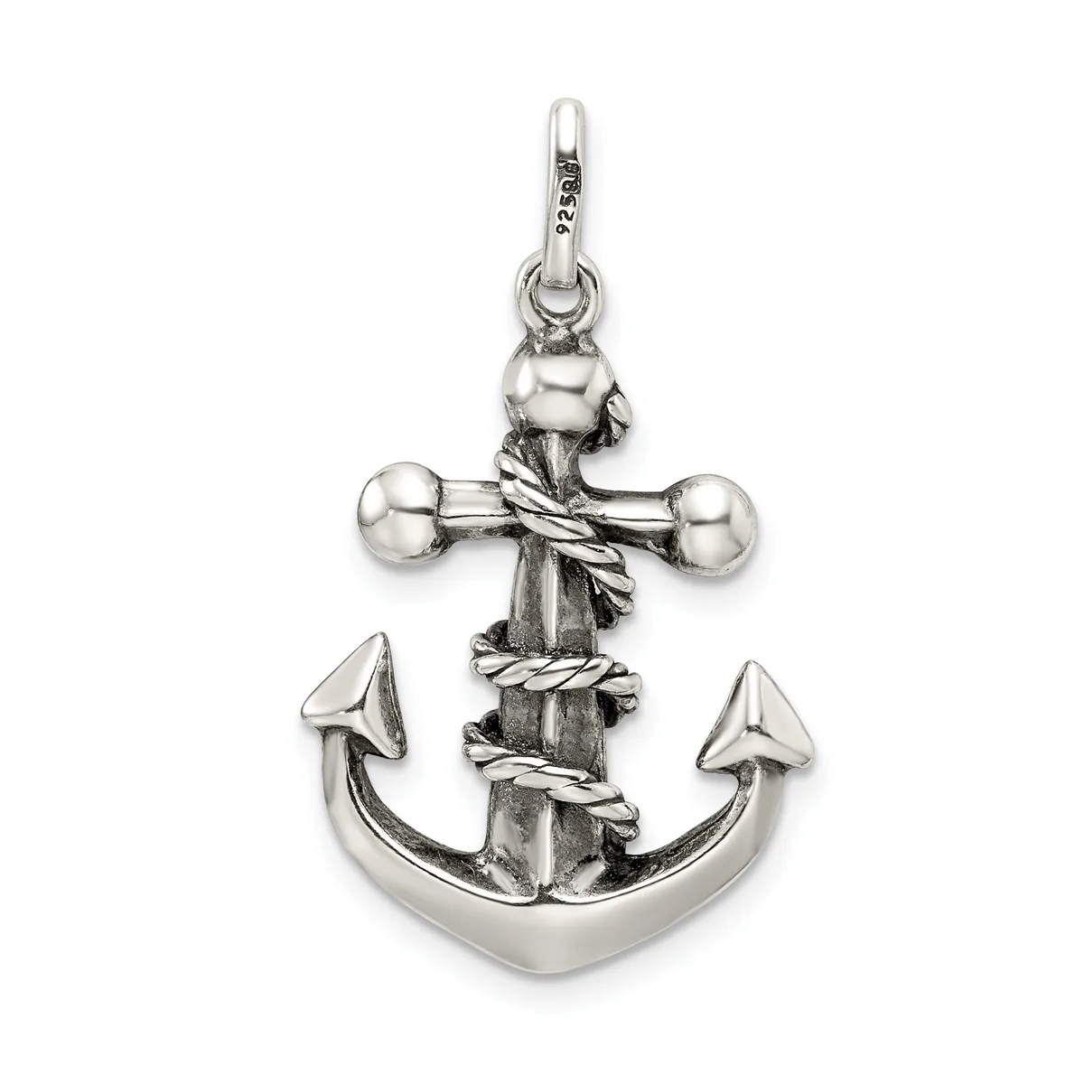 Sterling silver anchor pendant with rope detailing around the cross-beam and a small loop at the top for hanging.