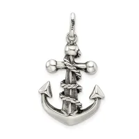 Sterling silver anchor pendant with rope detailing around the cross-beam and a small loop at the top for hanging.