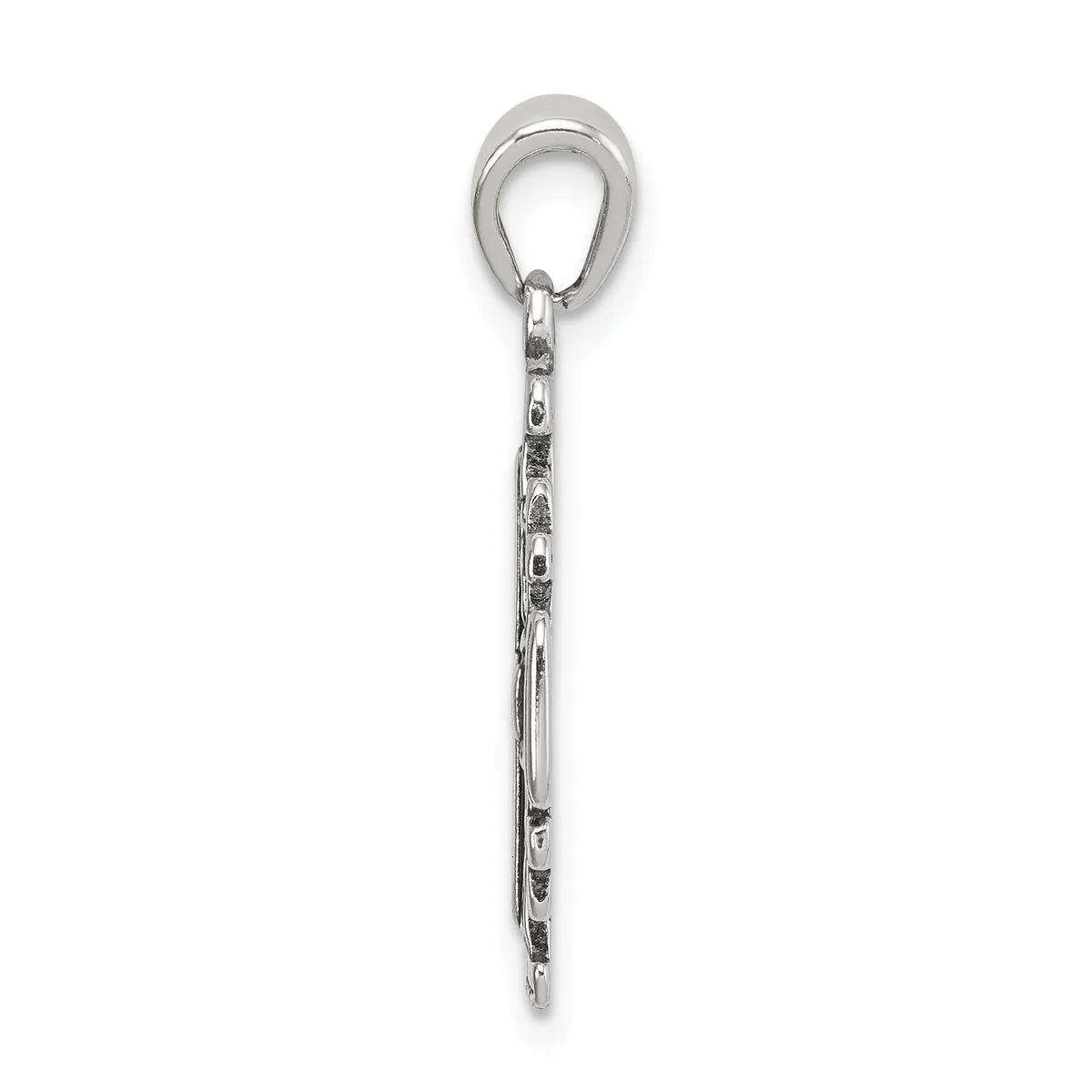 A silver chain pendant with an oval loop at the top and decorative textured links along the length, shown hanging against a white background.