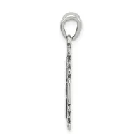 A silver chain pendant with an oval loop at the top and decorative textured links along the length, shown hanging against a white background.