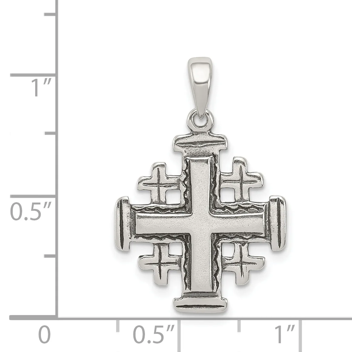 Silver Jerusalem cross pendant with smaller crosses at each cardinal point, displayed against a measurement scale showing approximately one inch in height.