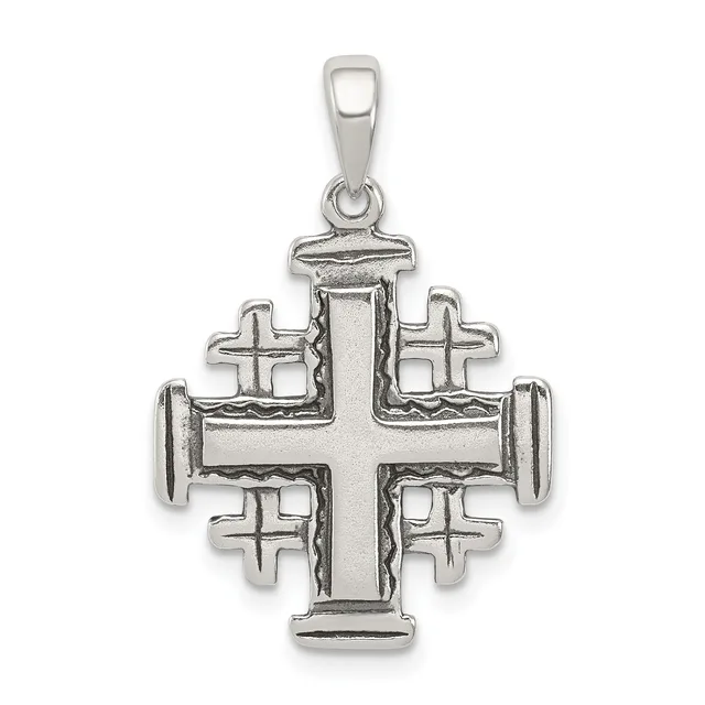 Sterling silver Jerusalem cross pendant with smaller crosses at each cardinal point and a bail loop at the top.