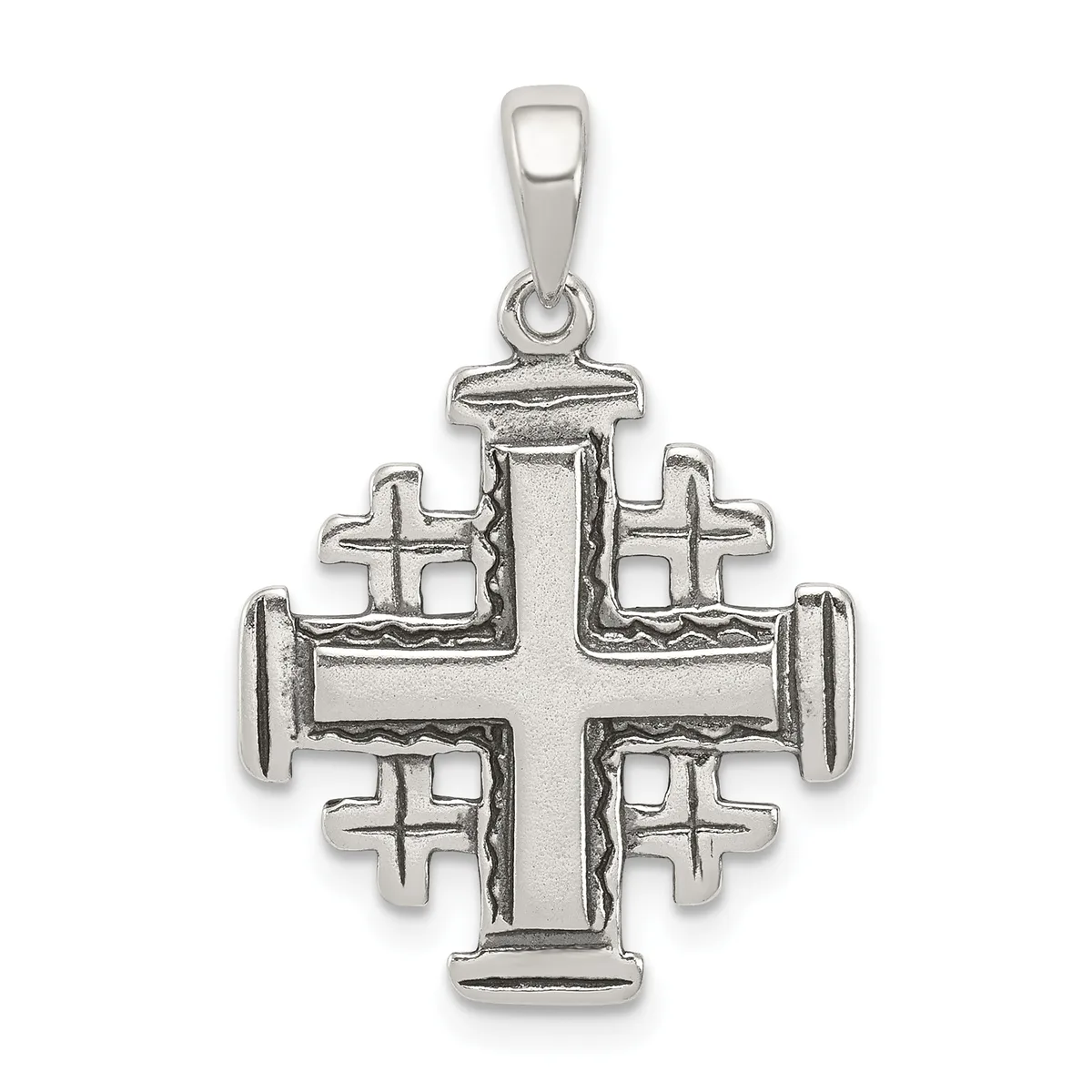 Sterling silver Jerusalem cross pendant with smaller crosses at each cardinal point and a bail loop at the top.