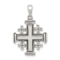 Sterling silver Jerusalem cross pendant with smaller crosses at each cardinal point and a bail loop at the top.