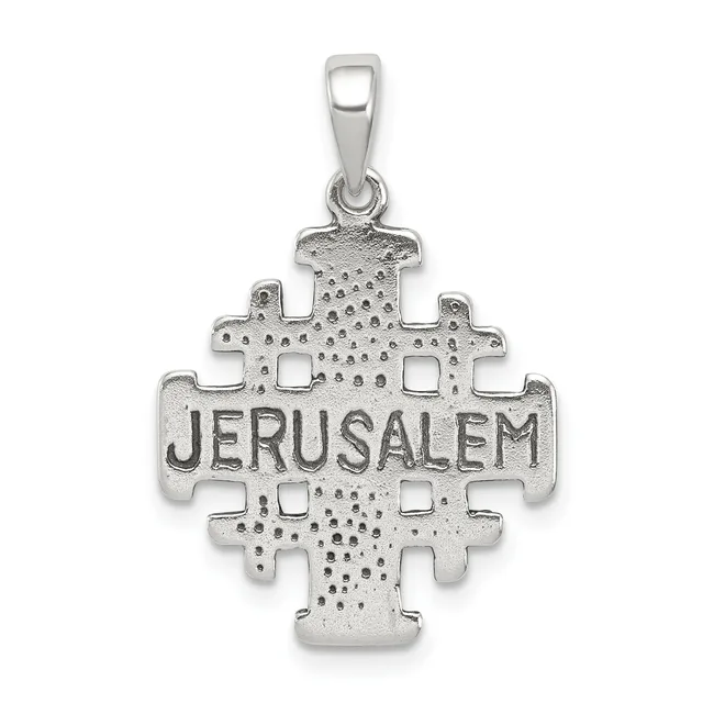 Silver Jerusalem cross pendant with textured surface and cutout details, suspended from a bail loop.