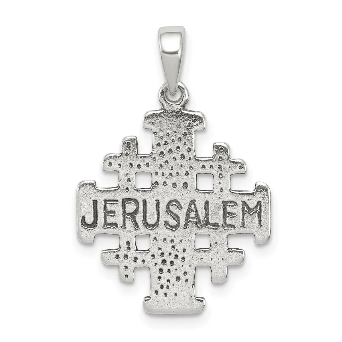 Silver Jerusalem cross pendant with textured surface and cutout details, suspended from a bail loop.