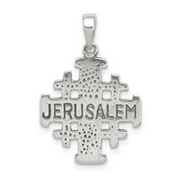 Silver Jerusalem cross pendant with textured surface and cutout details, suspended from a bail loop.
