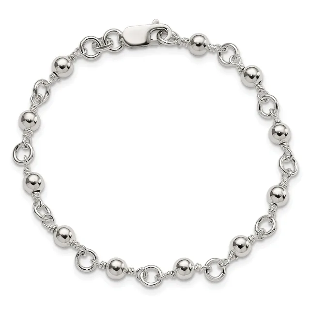 A silver beaded bracelet with alternating polished spheres and decorative circular links, featuring a lobster claw clasp at the top.