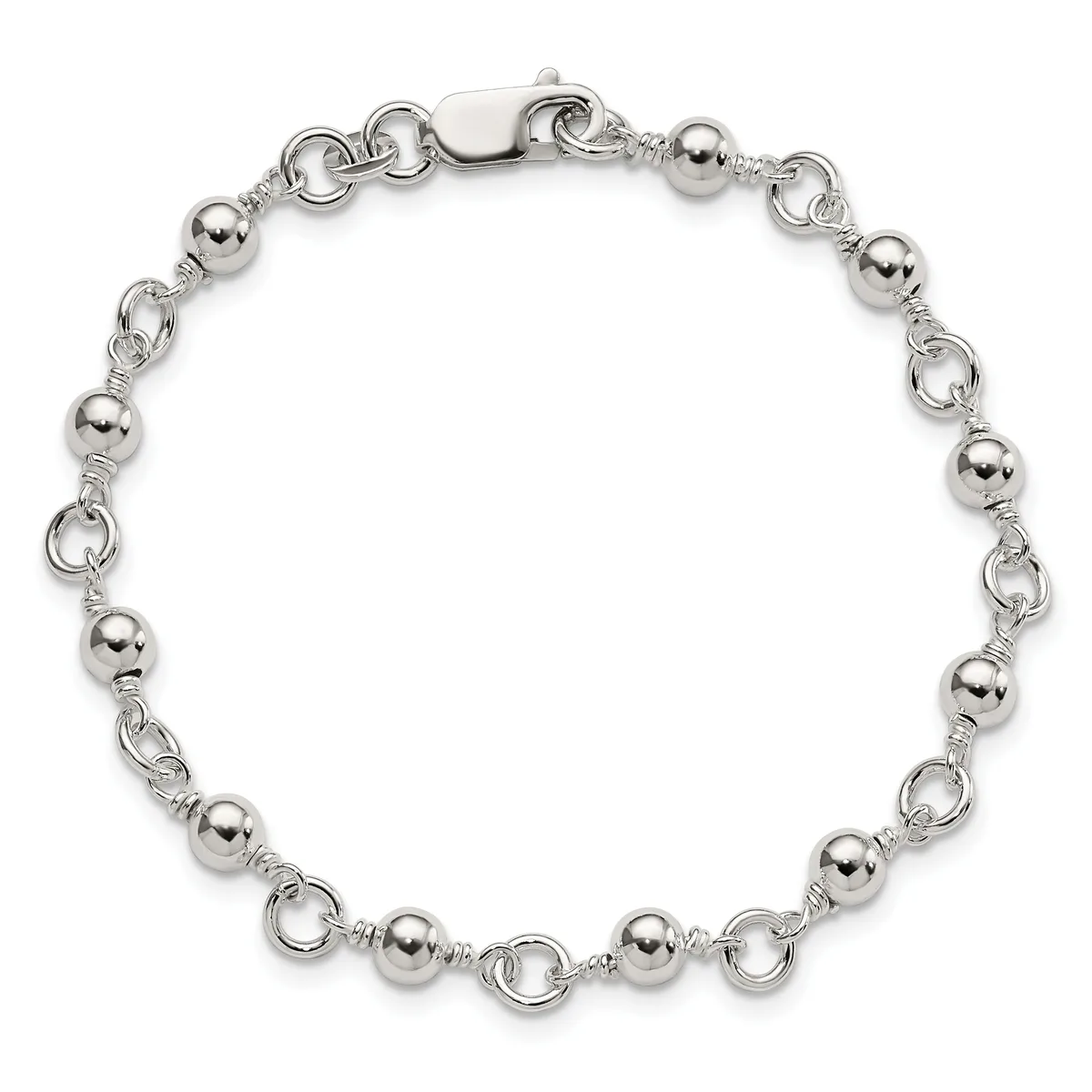 A silver beaded bracelet with alternating polished spheres and decorative circular links, featuring a lobster claw clasp at the top.