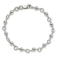 A silver beaded bracelet with alternating polished spheres and decorative circular links, featuring a lobster claw clasp at the top.