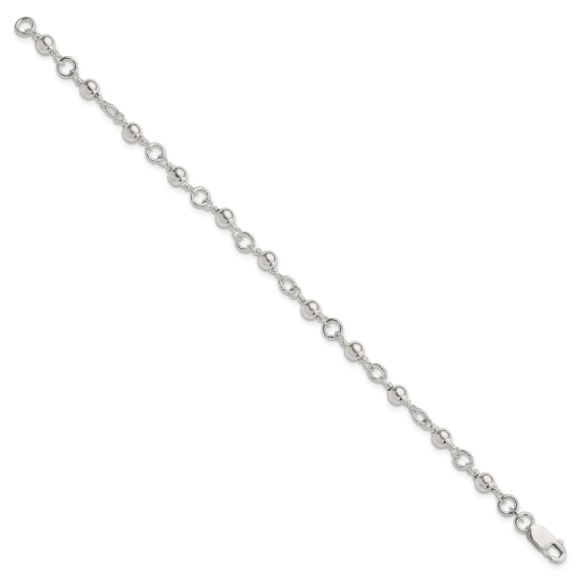 Silver-tone chain bracelet with alternating circular and textured oval links, displayed diagonally against a white background.