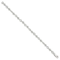 Silver-tone chain bracelet with alternating circular and textured oval links, displayed diagonally against a white background.