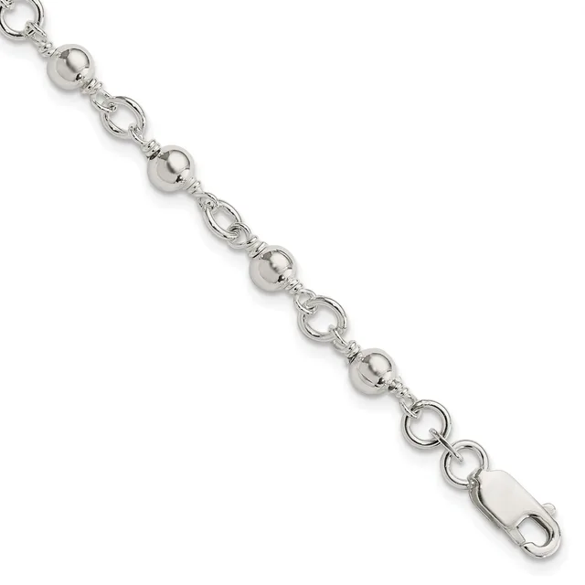 Silver-toned metal bracelet with alternating round beads and decorative circular links, ending in a lobster claw clasp.