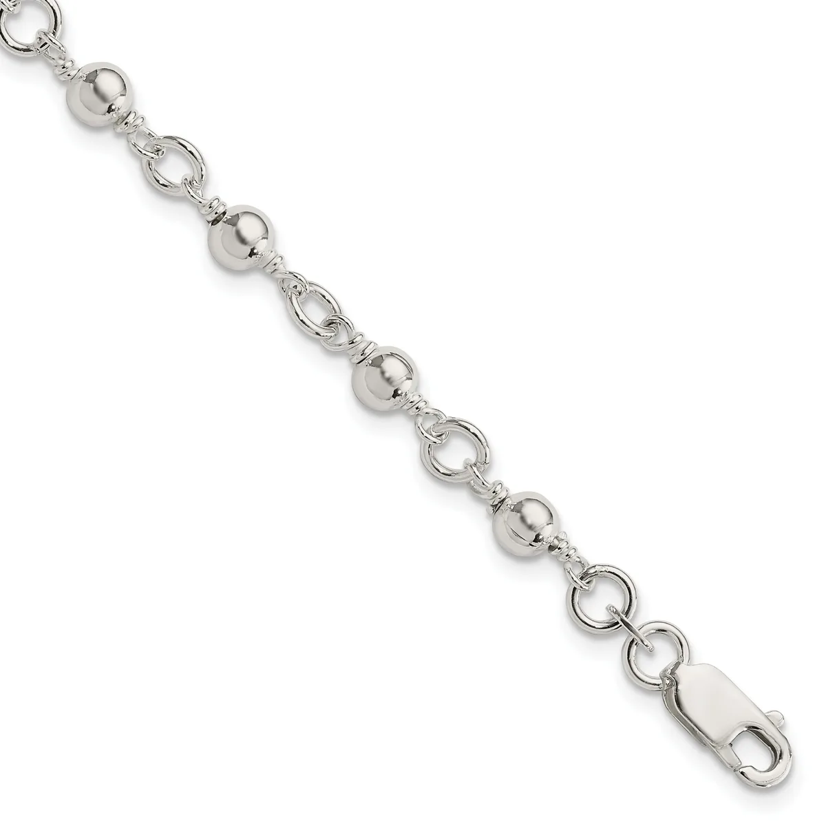 Silver-toned metal bracelet with alternating round beads and decorative circular links, ending in a lobster claw clasp.