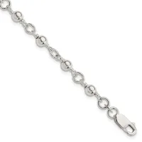 Silver-toned metal bracelet with alternating round beads and decorative circular links, ending in a lobster claw clasp.