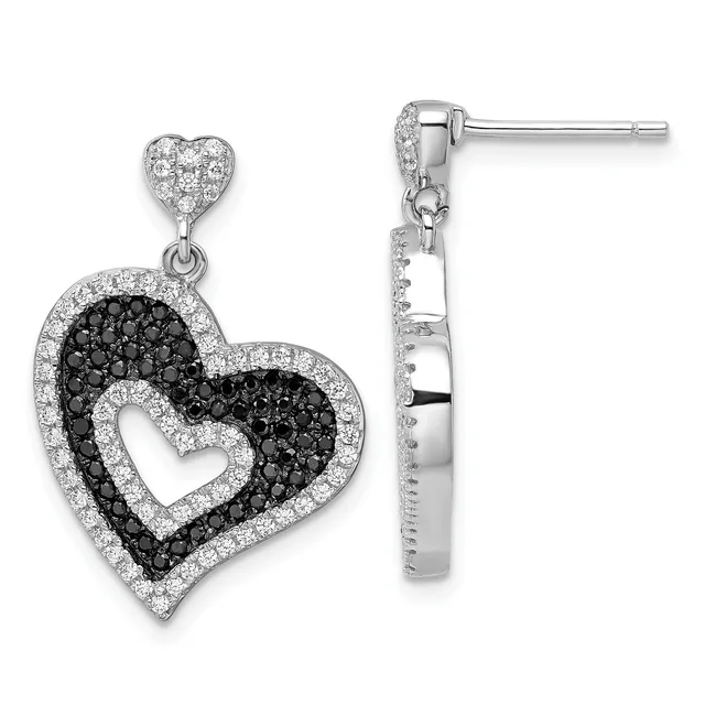 Pair of sterling silver heart-shaped dangle earrings with black and white diamonds, shown from front and side views.