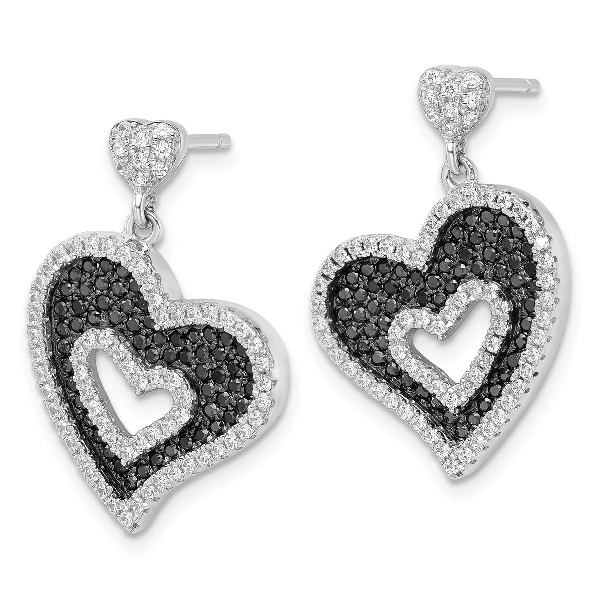 Pair of silver heart-shaped drop earrings with black diamonds forming nested hearts and white diamonds on the outer border, with small heart studs at the top.