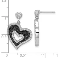 Silver heart-shaped drop earrings with black and white cubic zirconia stones, shown front and side view with measurement scale.