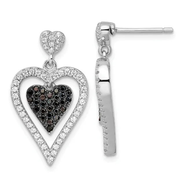 Pair of silver heart-shaped drop earrings with small heart studs, featuring white and black gemstones set in a nested heart design, shown from front and side views.