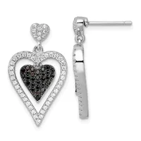 Pair of silver heart-shaped drop earrings with small heart studs, featuring white and black gemstones set in a nested heart design, shown from front and side views.