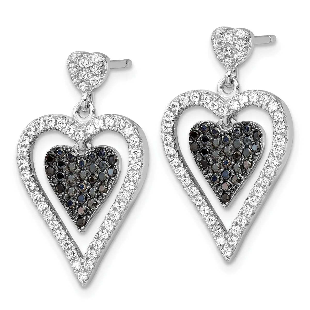 Pair of silver heart drop earrings with small heart studs, featuring outer hearts outlined in clear crystals and inner hearts filled with black crystals.