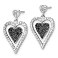Pair of silver heart drop earrings with small heart studs, featuring outer hearts outlined in clear crystals and inner hearts filled with black crystals.