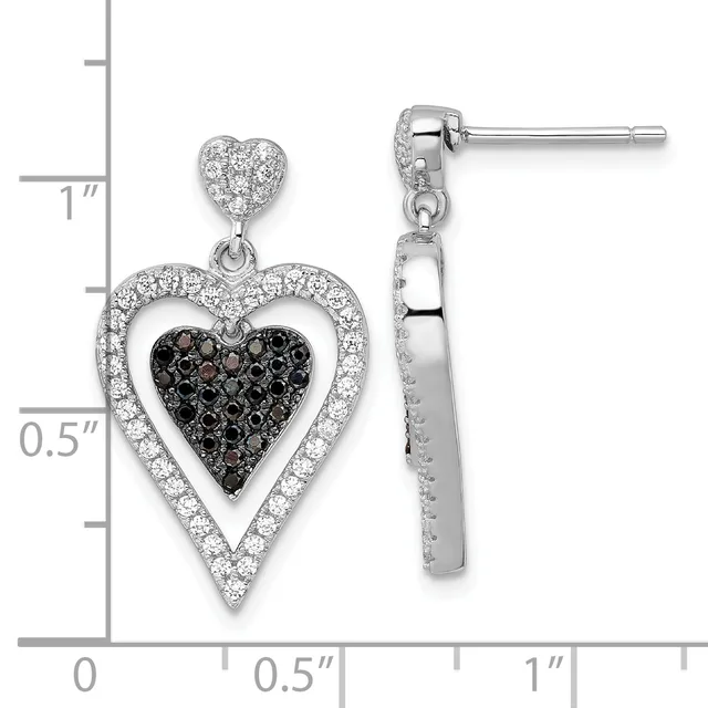 A pair of silver heart-shaped drop earrings with white crystals around the outer heart and black crystals filling the inner heart, shown front and side view with a measurement scale.