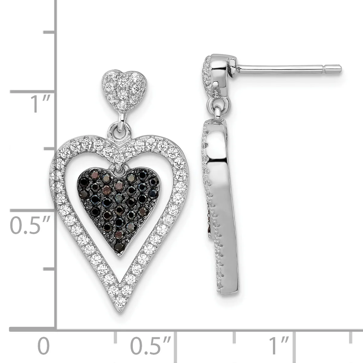 A pair of silver heart-shaped drop earrings with white crystals around the outer heart and black crystals filling the inner heart, shown front and side view with a measurement scale.