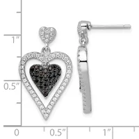A pair of silver heart-shaped drop earrings with white crystals around the outer heart and black crystals filling the inner heart, shown front and side view with a measurement scale.