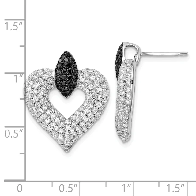 Heart-shaped stud earrings with white and black cubic zirconia stones, shown front and side view with measurement scale.