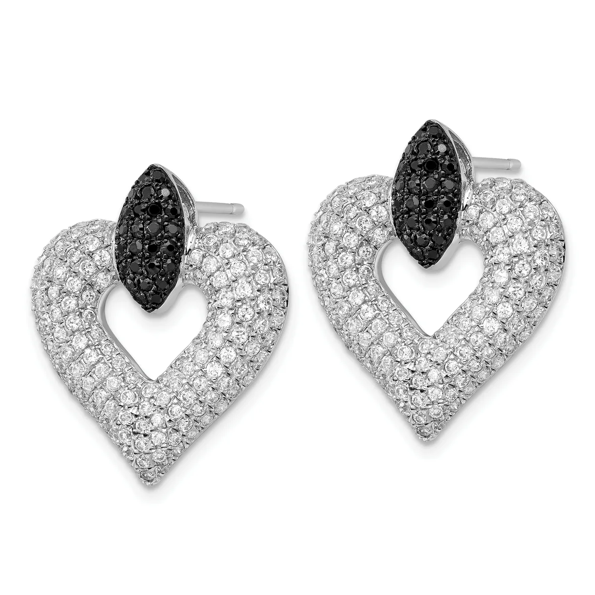 Pair of heart-shaped drop earrings with white pavé diamonds and black pavé diamond accents at the top, shown from the front.
