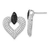 A pair of heart-shaped stud earrings with white diamonds covering the outer edges and black diamonds forming a pointed accent at the top, shown from front and side views.