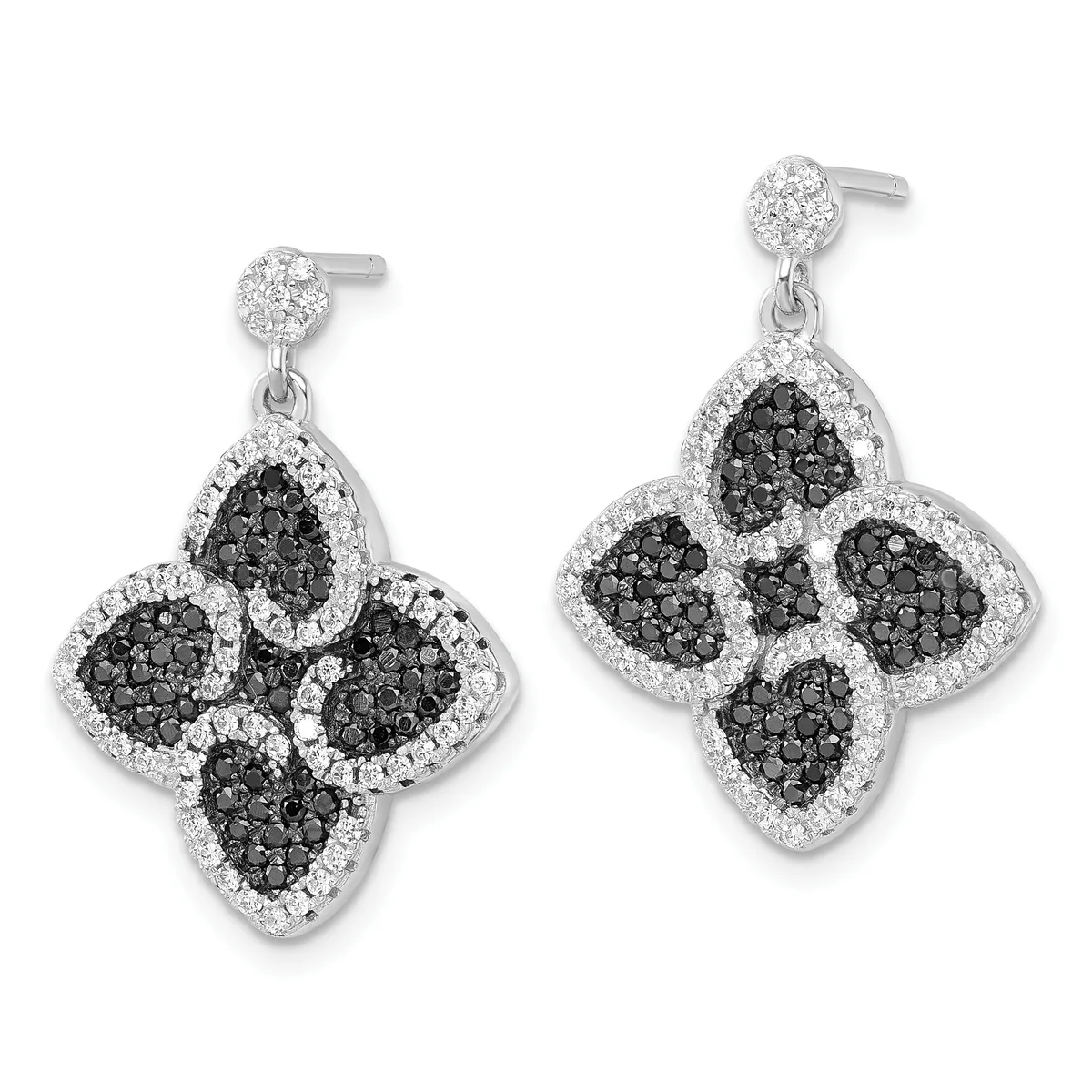 Pair of silver four-leaf clover drop earrings with black diamonds surrounded by white diamonds, shown from front and back angles.