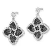 Pair of silver four-leaf clover drop earrings with black diamonds surrounded by white diamonds, shown from front and back angles.