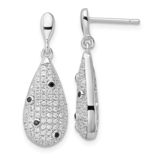 A pair of silver teardrop earrings with pave-set clear and black stones, shown from front and side views with post and loop backs.