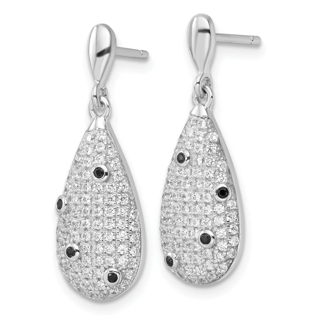 Pair of silver teardrop dangle earrings with posts, densely set with round white and black stones in a pave pattern.