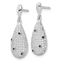 Pair of silver teardrop dangle earrings with posts, densely set with round white and black stones in a pave pattern.