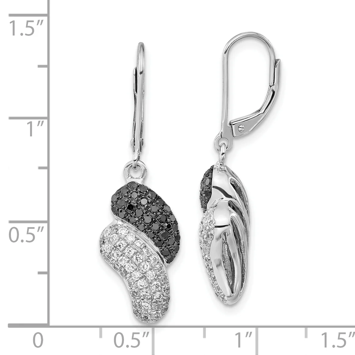 A pair of silver lever-back earrings with swirled black and white cubic zirconia pavé settings, displayed against a measurement scale showing approximately 1.25 inches in length.