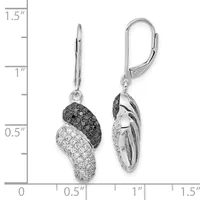 A pair of silver lever-back earrings with swirled black and white cubic zirconia pavé settings, displayed against a measurement scale showing approximately 1.25 inches in length.