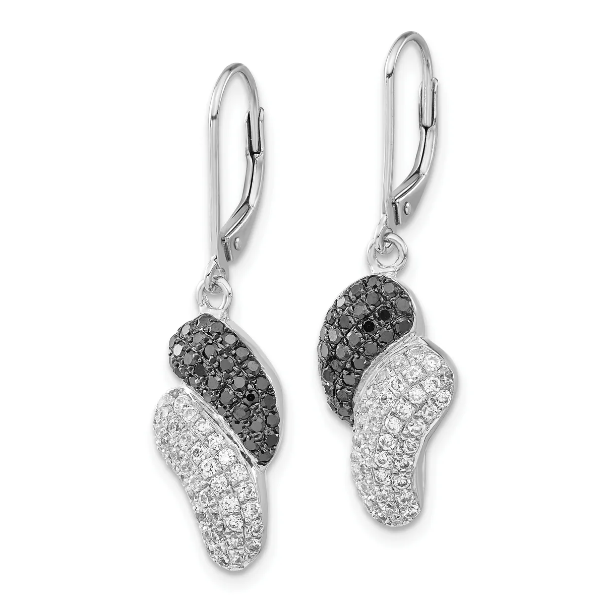 A pair of silver lever-back earrings with curved pendants paved with black and white diamonds in a swirled pattern.