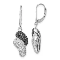 Pair of silver leverback earrings with black and white pavé diamond pendants in a twisted teardrop design, shown from front and back views.