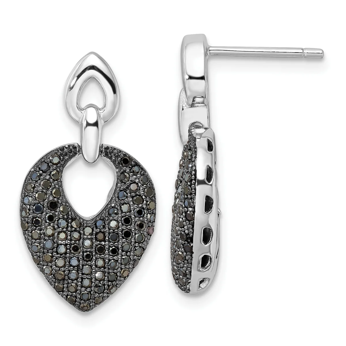 Pair of silver dangle earrings with heart-shaped tops and larger heart-shaped pendants densely set with black diamonds, shown from front and side views.