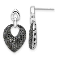 Pair of silver dangle earrings with heart-shaped tops and larger heart-shaped pendants densely set with black diamonds, shown from front and side views.