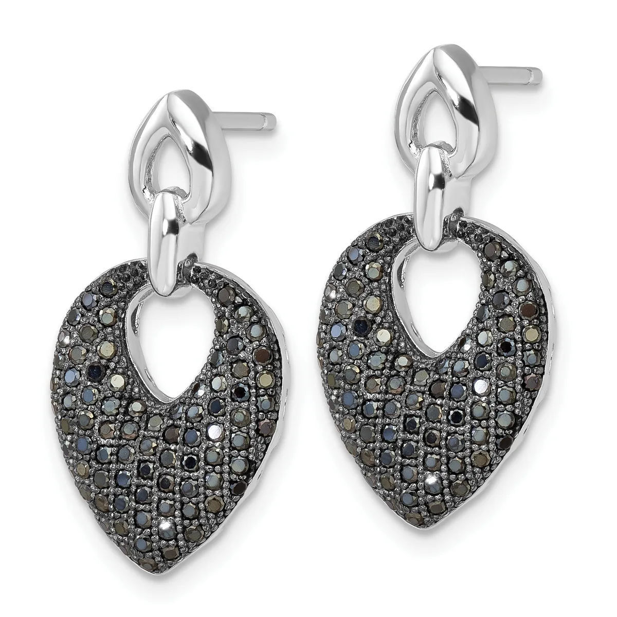 Pair of silver teardrop earrings with post backs, featuring pave-set black and gray stones in a heart-shaped pendant design with open centers.