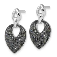 Pair of silver teardrop earrings with post backs, featuring pave-set black and gray stones in a heart-shaped pendant design with open centers.