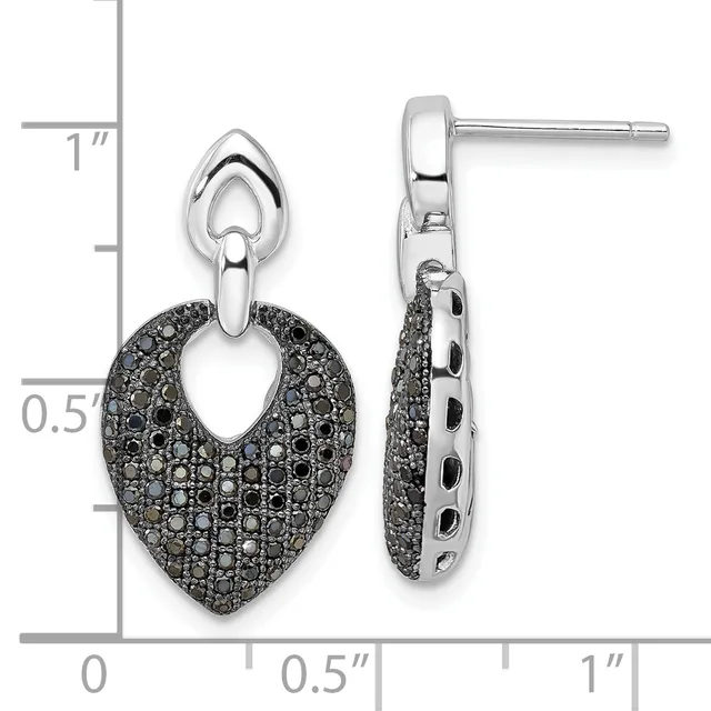 Pair of silver drop earrings with heart-shaped pendants paved in black diamonds, shown front and side view against a measurement scale.