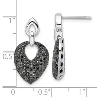 Pair of silver drop earrings with heart-shaped pendants paved in black diamonds, shown front and side view against a measurement scale.