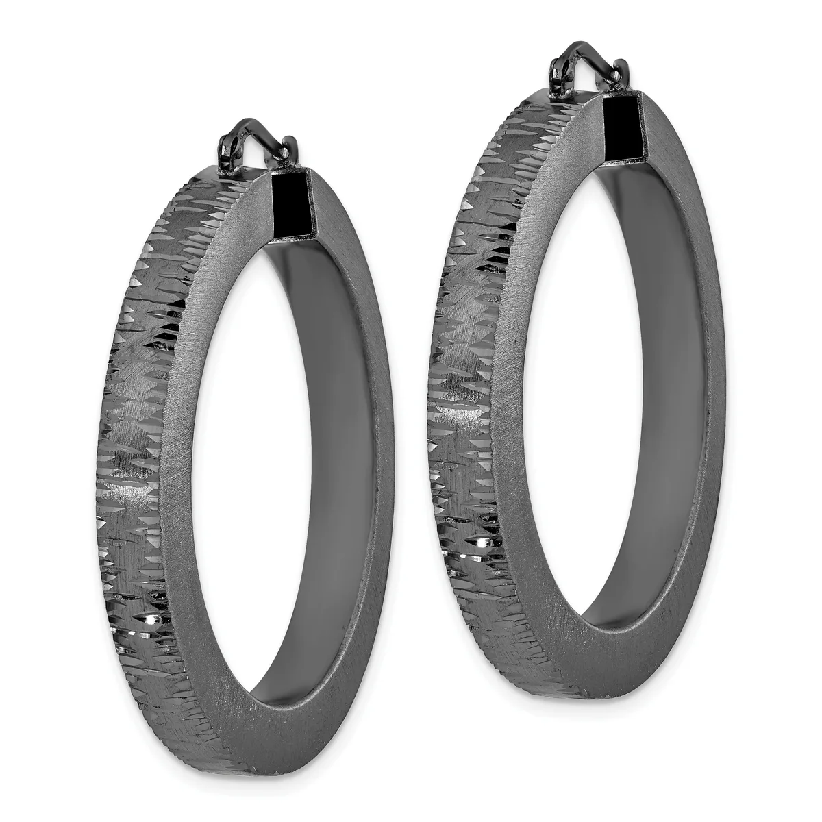 Pair of textured silver hoop earrings with a hammered surface finish and small rectangular cutout details at the top, displayed against a white background.
