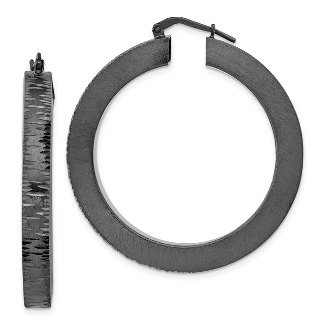 Pair of textured dark metal hoop earrings with a hammered finish and hinged posts, shown from front and side views.