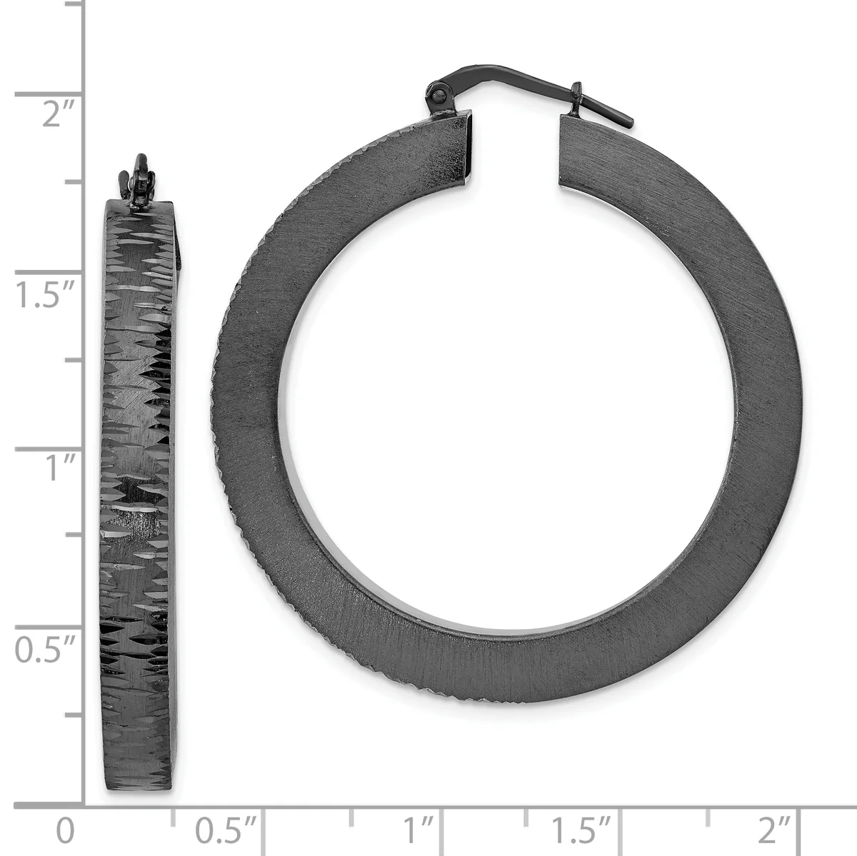 A pair of dark textured hoop earrings displayed next to a ruler showing approximately 1.5 inches in diameter with a latch closure.